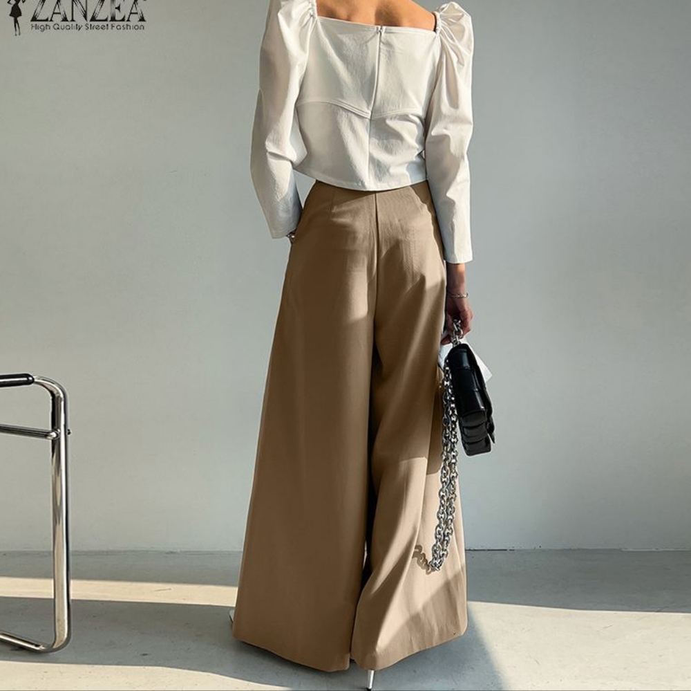 Elegant Long Pants Women Fashion High Waist Wide Leg Trousers - Picture 3 of 4